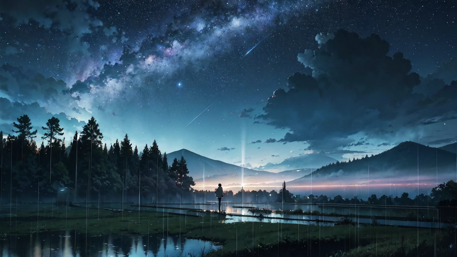Nostalgic, Makoto Shinkai, A splendid library beyond the forest, night, heavy rain. The library can be seen beyond the forest, vivid. Sky full of stars. Rainy weather. Fantastic, forest in the foreground, library in the background.