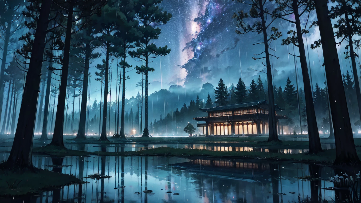 Nostalgic, Makoto Shinkai, A splendid library beyond the forest, night, heavy rain. The library can be seen beyond the forest, vivid. Sky full of stars. Rainy weather. Fantastic, forest in the foreground, library in the background.