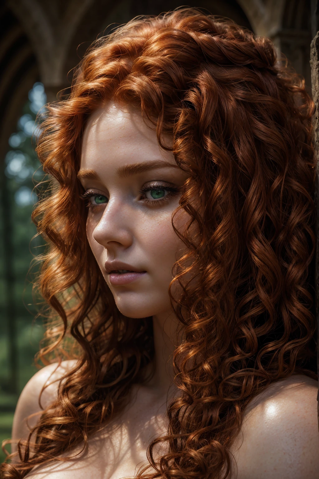 a redheaded girl with curly hair and green eyes, detailed face, beautiful detailed eyes, beautiful detailed lips, extremely detailed face and features, long eyelashes, intricate curly red hair, portrait, realistic, photorealistic, 8k, high quality, masterpiece, detailed lighting, vivid colors, cinematic lighting, dramatic lighting, dramatic colors, fantasy, magical, ethereal ,natural light