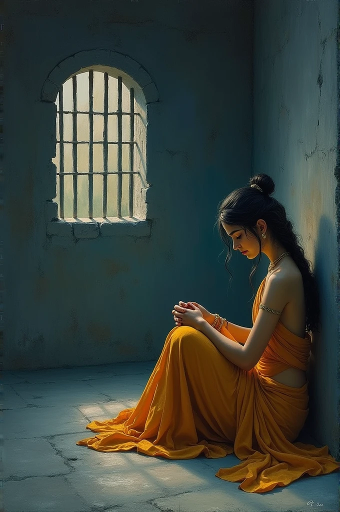 Lord krishna's mother Devaki sitting sadly in prison alone