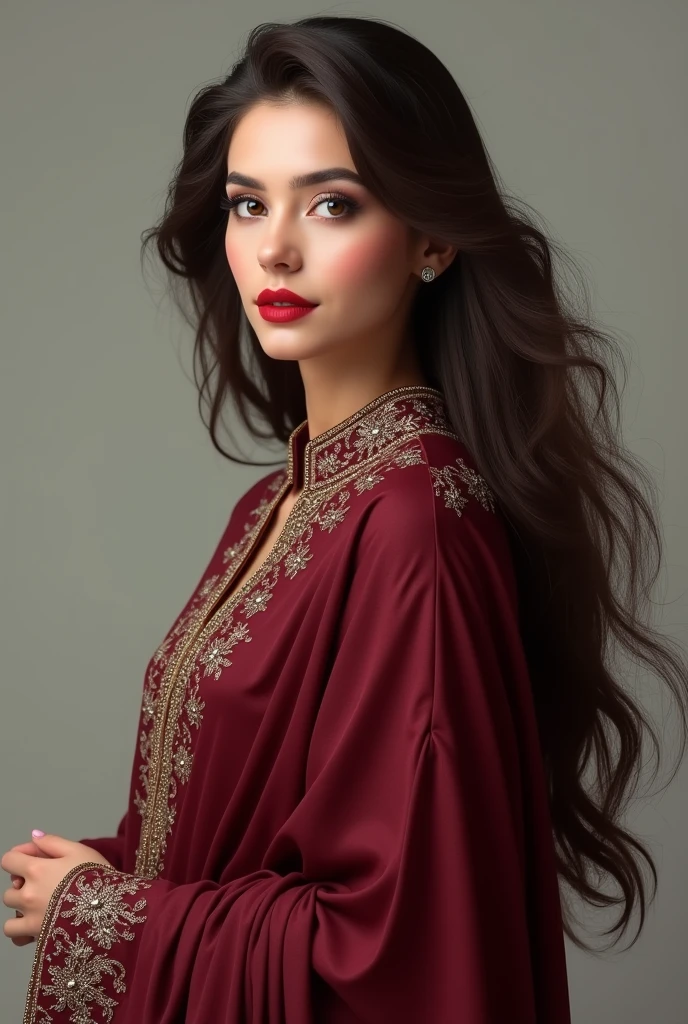 (photorealism:1.2), beautiful pakistan muslim woman full picture in pakistani dress, maroon kapri kurta maroon pumpy long hair white skin tone red lipstick brown eyes