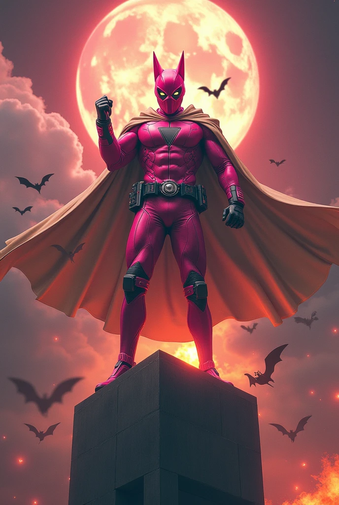 Malaysia man in high-tech suit, vivid effects, malaysian superhero (KELUANG MAN)(( in a jumpsuit pink and brown beige costume cyberpunk design))((, mask small mini bat ear beige,)) daredevil beige mask, jumpsuit dark pink stands confidently in a dramatic.jumping from high place.hero costume.one hand rise up. (Big triangle logo on the chest.high detail Punisher logo on the chest)). Fighting pose , stormy landscape. ((Head covered node guard like batman. Running pose , athletic body type, small mini ear bat mask))The character wears domino mask a helmet with pointed mini torn ears and a flowing cape biege, open nose and mouth. Equipped with visible futuristic weapons on a belt,bullet proof jacket pink dark day.show fingers pose, dark night, big supermoon effect . Small logo on chest triangle shape small punisher logo center triangle cyber logo center on chest pink logo mini logo . rocky. Building top.smoke ground , bomb effect background, losse pants, losses costume.adding to --ar 3:4 --style raw --stylize 500 --v 6.1. chaos. Lot of small flying bat. One leg on the high stone. Man. Backpack . Real man age 40 year old. One hand holding belt.one hand holding black rope hanging on big building .