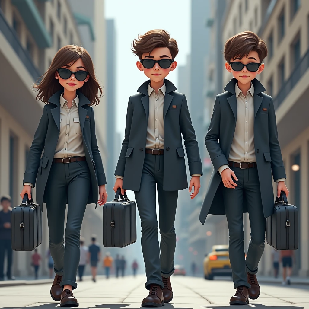 3 adolescents habillés comme des espions avec trois mallettes grises et des lunettes griseset pas armes. Two boys and a girl. Dans une ville propre