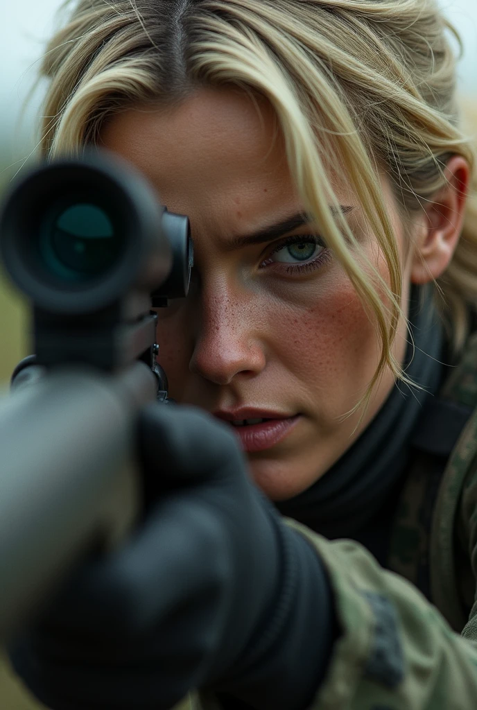 sniper girl.Blonde woman with blonde short hair.looks through the scope of his sniper rifle.beads of sweat on the face.face tense.
