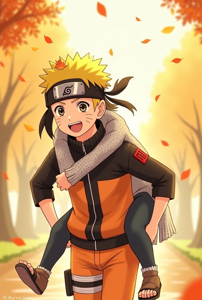 uzumaki_naruto, 1girl, blonde_hair, 1boy, blue_eyes, closed_eyes, forehead_protector, hyuuga_hinata, smile, black_hair, piggyback, carrying, short_hair, facial_mark, open_mouth, autumn_leaves, whisker_markings, leaf, watermark, couple