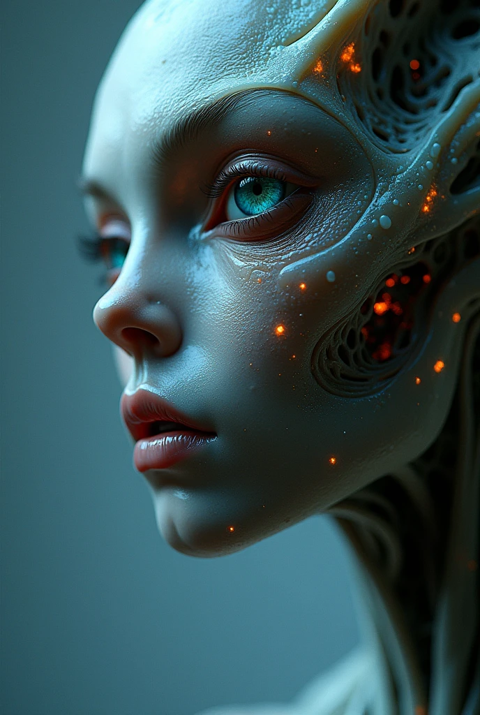 Synthetic alien portrait with soft focus, high realism, showcasing intricate shimmering textures of synthetic flesh, non-human features, 4k image format, macro photography style by Miki Asai, close-up, hyper-detailed, trending on Artstation, sharp focus in the foreground, studio photo ambiance, intricate details executed in a manner akin to Greg Rutkowski, highly detailed, ultra clear
