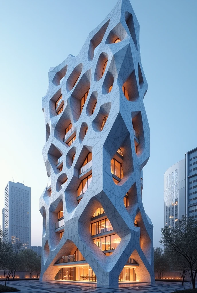 Marble facade high rise building unique shape with windows