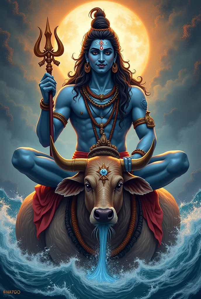 4 के गुणवत्ता में वायरल एनीम डिजिटल चित्रण की शैली में भगवान शिव, त्रिशूल धारण किए हुए, नंदी पर बैठे, जटाओं में गंगा"