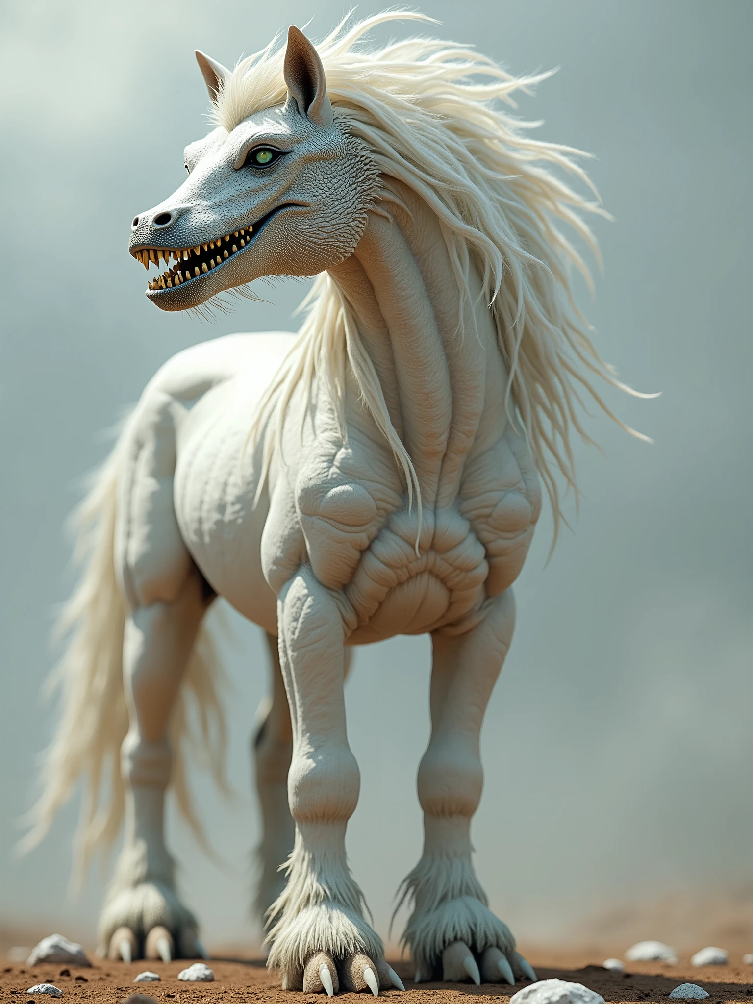 an animal with the body of a horse that has eyes and mouth of crocodile and the feet of lion with white fur.