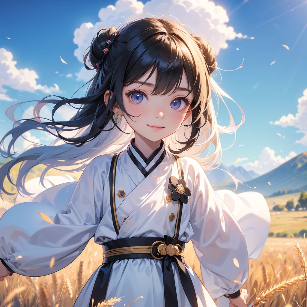 A chibi child girl had a small face and Wearing white little Taoist priest's outfit. A pair of big round eyes shone with curiosity about him. This child was so cute, Standing in the middle of a wheat field, behind which are mountains, there are low clouds floating in the blue sky.
her hair is black with two buns on her hair.small chibi, chibi baby, smiling ,Chibi.