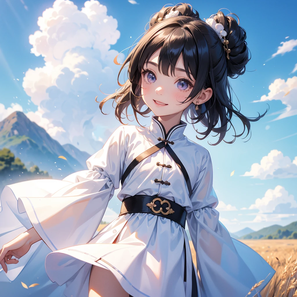 A chibi  girl had a small face and Wearing white little Taoist priest's outfit. A pair of big round eyes shone with curiosity about him. This childso cute, Standing in the middle of a wheat field, behind which are mountains, there are low clouds floating in the blue sky.

her hair is black with two buns on her hair.small chibi, chibi baby, smil,Chibi.

