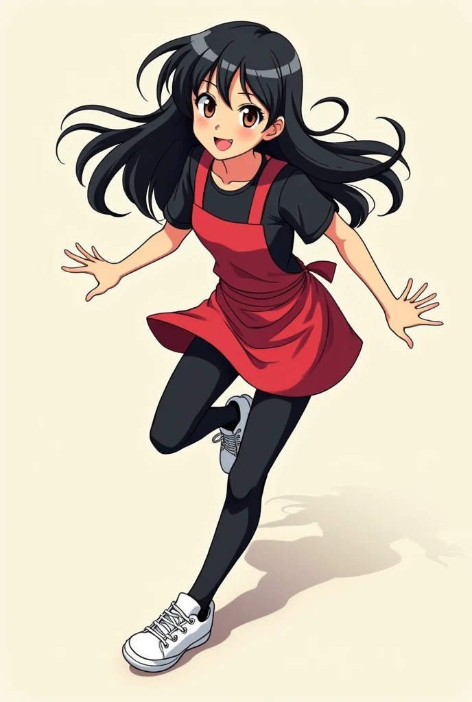 Create a brunette anime girl with long black hair and her hair would be somewhat unruly and brown pupils with a black shirt and a red apron also put black pants and white tennis shoes on her and with an action pose