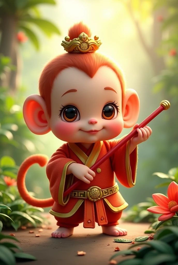 A baby Sun Wukong, adorable monkey king, cute monkey, mischievous expression, big eyes, button nose, chubby cheeks, golden crown, red staff, playful pose, whimsical fantasy, vibrant colors, lush tropical jungle background, sunlight filtering through leaves, masterpiece, photorealistic, 8k, hyper detailed