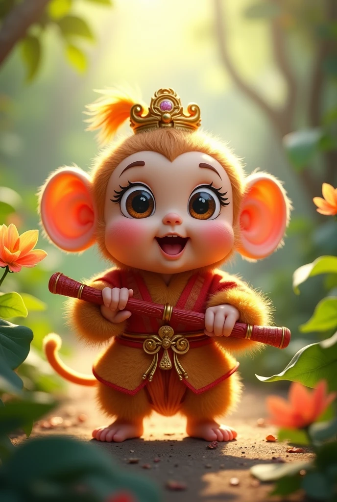 A baby Sun Wukong, adorable monkey king, cute monkey, mischievous expression, big eyes, button nose, chubby cheeks, golden crown, red staff, playful pose, whimsical fantasy, vibrant colors, lush tropical jungle background, sunlight filtering through leaves, masterpiece, photorealistic, 8k, hyper detailed