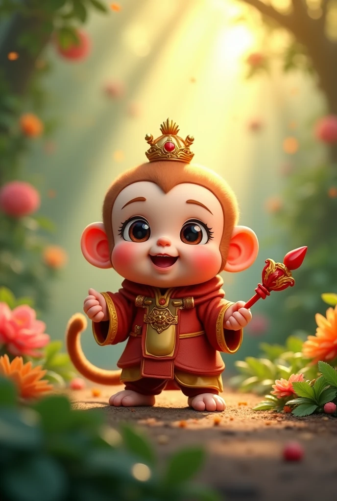 A baby Sun Wukong, adorable monkey king, cute monkey, mischievous expression, big eyes, button nose, chubby cheeks, golden crown, red staff, playful pose, whimsical fantasy, vibrant colors, lush tropical jungle background, sunlight filtering through leaves, masterpiece, photorealistic, 8k, hyper detailed