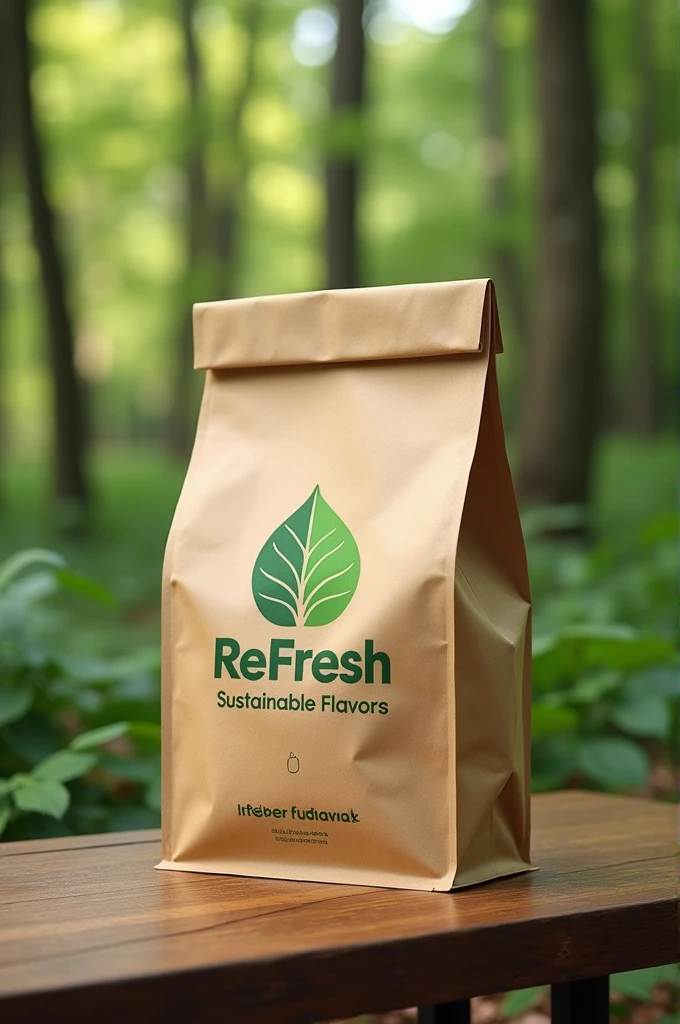 a kraft bag mockup with leaf logo and company name (ReFresh) e o slogan: Sustainable Flavors (make everything in brown and green colors) at a table in the forest