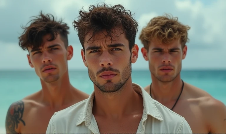[((highly detailed, detailed eyes, detailed face, clear and realistic facial features, photorealistic, realistic light, cinematic, close up)), ((((3 men)))), (((each man looks unique, each man has a different natural hair color, each man has different facial features))), ((((((each man has a different ethnicity))))), ((((sexy male college-age jocks standing on the beach and looking angry or frustrated)))), ((wearing casual clothes)), ((beautiful deserted tropical island with a storm in background))]