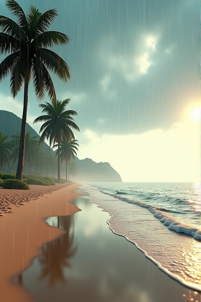 An animated 3D image of a rainy morning on the beach of the port of Mazatlan