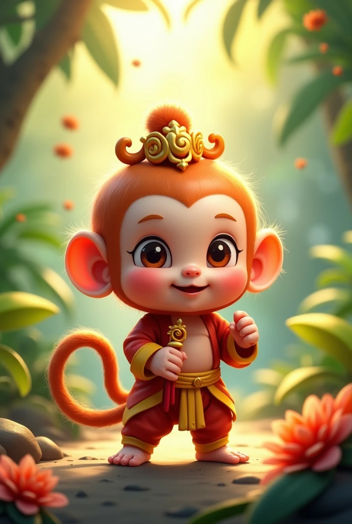A baby Sun Wukong, adorable monkey king, cute monkey, mischievous expression, big eyes, button nose, chubby cheeks, golden crown, red staff, playful pose, whimsical fantasy, vibrant colors, lush tropical jungle background, sunlight filtering through leaves, masterpiece, photorealistic, 8k, hyper detailed
