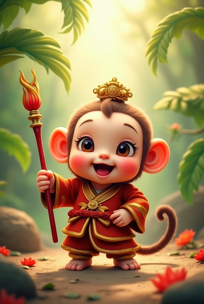 A  Sun Wukong, adorable monkey king, cute monkey, mischievous expression, big eyes, button nose, chubby cheeks, golden crown, red staff, playful pose, whimsical fantasy, vibrant colors, lush tropical jungle background, sunlight filtering through leaves, masterpiece, photorealistic, 8k, hyper detailed