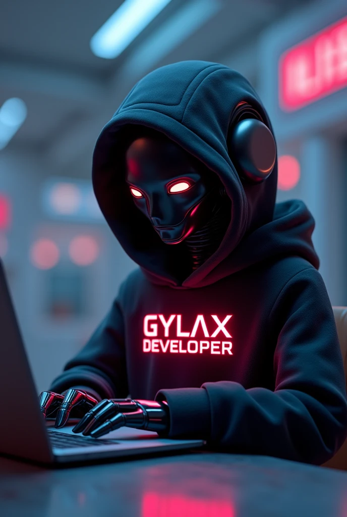 GIVE A FUTURISTIC BACKGROUND ON WHICH A Humanoid robot sitting DOING CODING ON A
Open LAPTOP , wearing a BLACK HOODIE WHICH HAVE A TEXT APPEAR IN NEON Red COLOR TEXT IS
"G Y L A X " " DEVELOPER " IN CLEAR WORDS VISIBLE TO US
IT SHOULD BE IN capital letter,,
IT SHOULD BE GYLAX NOT GALAXY
Humanoid robot face half covered with hoodie
Humanoid robot background should be attractive
Humanoid robot
Best looking image but I want it one watch and be a fan of it
Give a face to it half covered with hoodie
Hoodie come over to eyes
Laptop not visible make it visible
Normal image please
Very bad face change it into cute