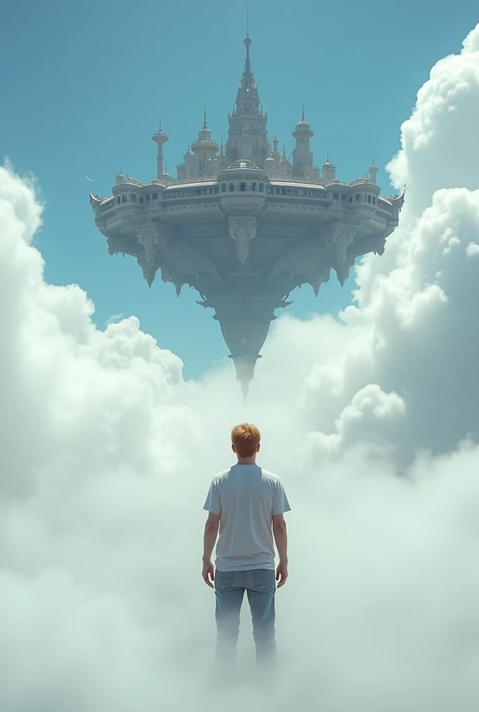 The endless plain covered of cloud. A cinematic medium shot of a 40yr old man with reddish-blonde hair wearing a t-shirt and jeans. He is between the fluffy white clouds, knee-deep in clouds, and looking at a beautiful, magnificent flying fantasy city with intricate details. The city is floating in the air above the clouds. The background is a clear blue sky. The city has a heptagonal symmetrical shape, the corner towers are connected to the central part by galleries and passages. The city is both a defensive structure and a masterpiece of architecture. It has a futuristic look, but at the same time fantasy fairy tale outlines. (high resolution, high detail, best quality),
(masterpiece:1.2,Highest quality,Ultra-high resolution,Very detailed,Realistic,Ultra-high resolutionのカメラ),8k,wallpaper, A cool, sci-fi look,,masterpiece,Highest quality,Ultra-high resolution,(Super detailed),8k,Realistic,Best aesthetics,beautiful,(dynamic,Great impact:1.2), (HDR:1,2), high contrast.