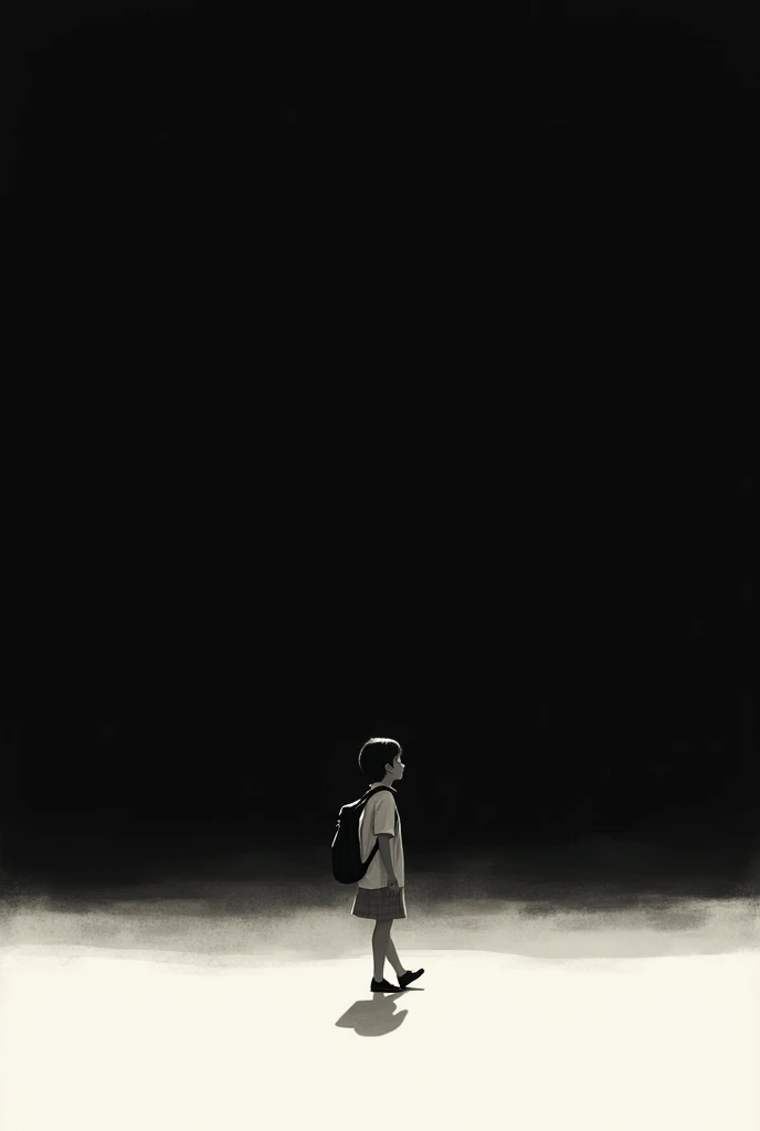 Illustrates a girl walking to the left with a backpack in a wide shot with a black background, Gray and white