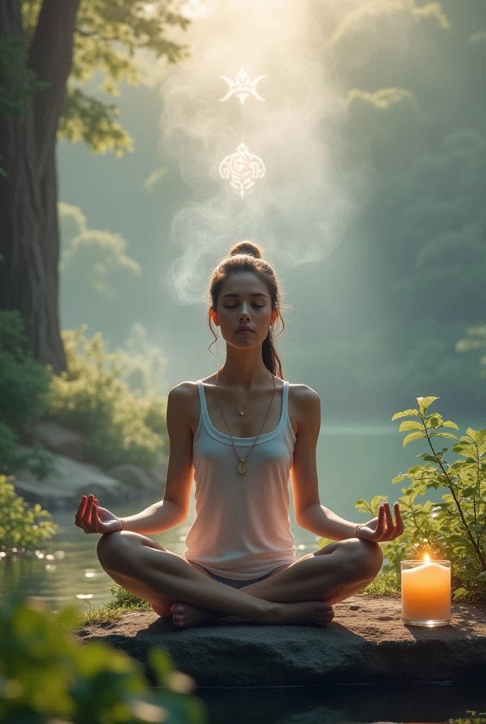 A person meditating in a serene environment with lavender essential oil, showing its use in meditation and the 'vital essence' mark appearing