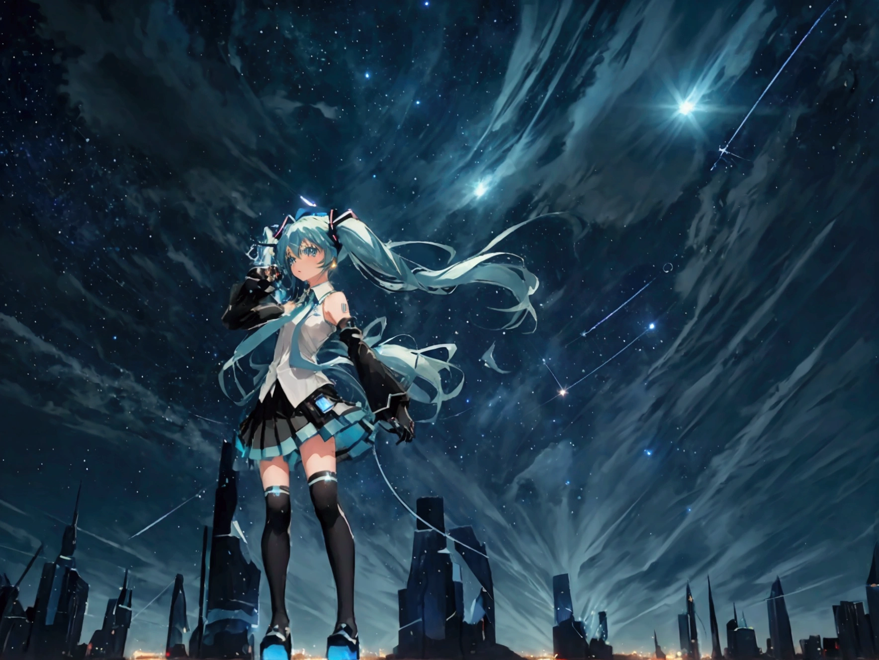 (Hatsune Miku,Light blue hair,Twin tails,No sleeve,tie,mini skirt,socks,Black hoodie),((Blue is the predominant color,Angle from below,Stars in the night sky,Crescent Moon)),(Shining futuristic city at night,Night view,Cyber World),(Dynamic pose,Cool pose,Standing on a glass stage,Cool look,singing,Holding a microphone)
