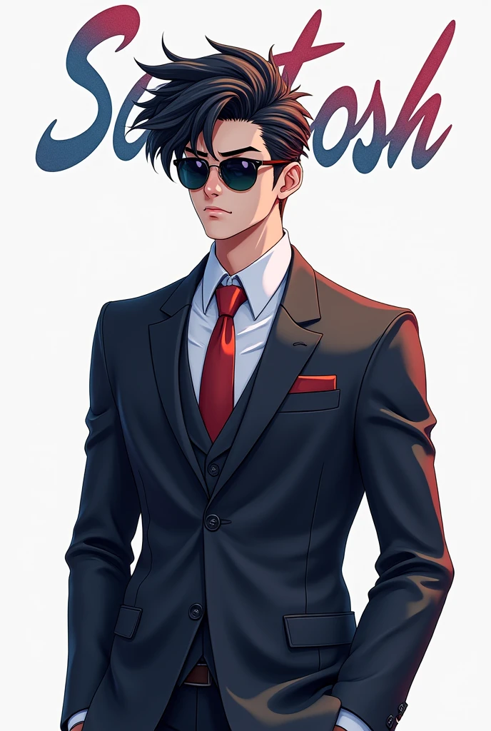 Create A 3D Profile Picture Of An Anime Men Character Wear A Suit And Sunglasses And Cool Hairs And Top Of The Image A Word "SANTOSH"is Written In A Signature Font In Red Blue Colour.