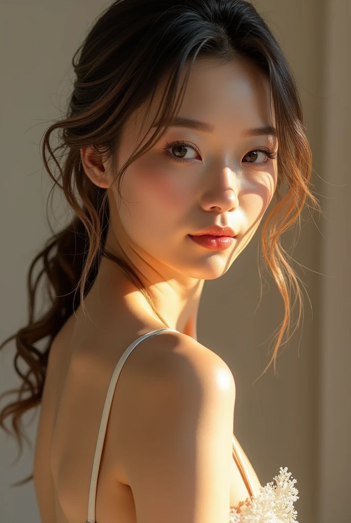 ((40 years old)),Japanese、((nude))、Light-colored hair、Round eyes、Light wavy hair, correct、Striped Hair、Dark blue hair、Gradient Hair、Asymmetrical hair、Hair behind the ear、Crossed bangs、Long Hair、とてもLong Hair、Hair up on one side、((お尻までLong Hair))、、Ring Eye、Round eyes、A light smile、Cast a Shadow、Backlight、Exposure,Very detailed、Highest quality、超High resolution、Very detailed、Very realistic, masterpiece、Textured skin、Awards、High resolution、16K, Hair folder、A light smile、Redness in the ears、correct、Cast a Shadow、Subjective、Shine、360° View、解剖学的にcorrect、masterpiece、Textured skin、Attention to detail、Long eyelashes、A slight blush、Look forward