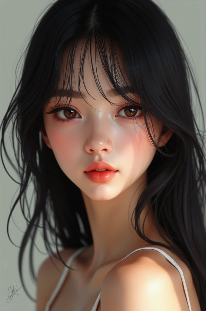 Portrait of a beautiful young woman with straight black hair and brown eyes 