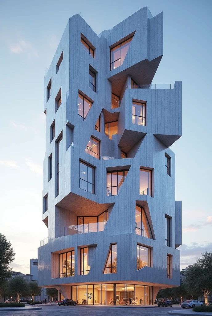 Marble facade high rise building unique shape with windows