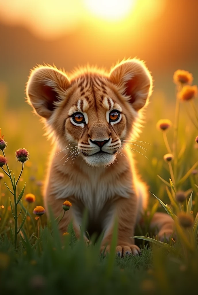 baby lion king, 1 lion cub, detailed fur, detailed face, large eyes, adorable expression, sitting in grass, natural lighting, golden hour, vibrant colors, lush greenery, hyper detailed, photorealistic, 8k, award winning, highly detailed, cinematic composition, dramatic lighting, beautiful lighting, soft shadows, warm tones, beautiful colors, glowing, extremely detailed, highly realistic