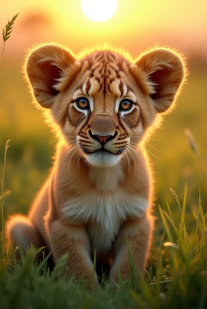  lion king, 1 lion cub, detailed fur, detailed face, large eyes, adorable expression, sitting in grass, natural lighting, golden hour, vibrant colors, lush greenery, hyper detailed, photorealistic, 8k, award winning, highly detailed, cinematic composition, dramatic lighting, beautiful lighting, soft shadows, warm tones, beautiful colors, glowing, extremely detailed, highly realistic