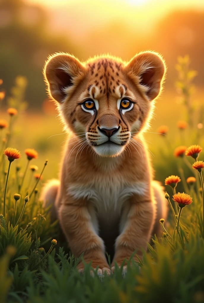 baby lion king, 1 lion cub, detailed fur, detailed face, large eyes, adorable expression, sitting in grass, natural lighting, golden hour, vibrant colors, lush greenery, hyper detailed, photorealistic, 8k, award winning, highly detailed, cinematic composition, dramatic lighting, beautiful lighting, soft shadows, warm tones, beautiful colors, glowing, extremely detailed, highly realistic