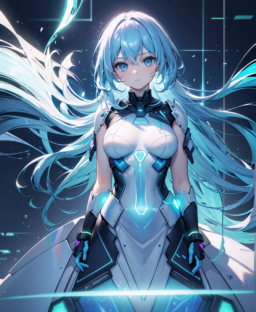 ((Holographic glow effect)),8k, Highest quality, (real:1.4), Original photo, 1 person, Asari Hair, Biological Amplifier, refined armor, posture: Peace talks between warring factions, smart blue eyes,whole body