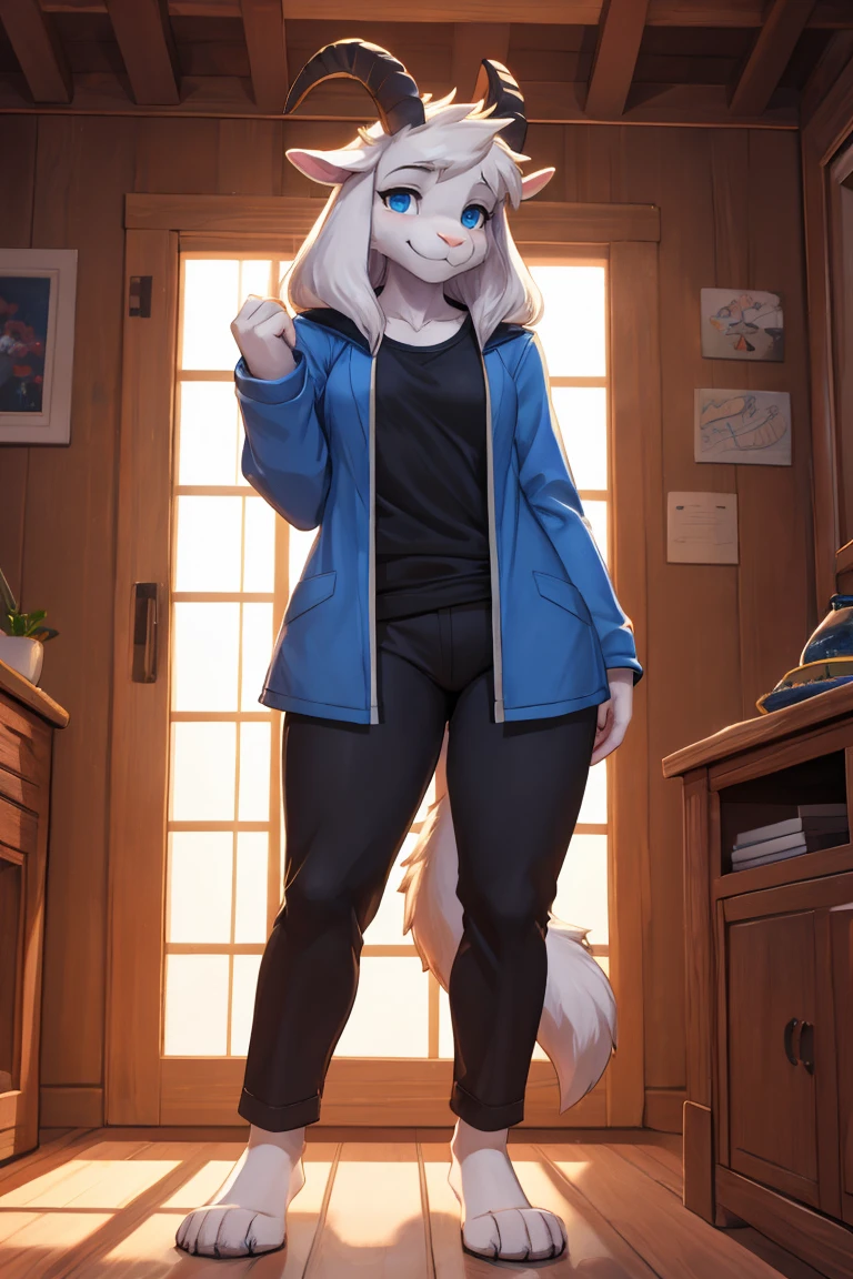 woman, alone, in a house, furry, Goat, anthropomorphic goat, Asriel, Undertale, medium breasts, big ass, medium wide hips, perfect body, tall, long hair, blue eyes, anthro face, cartoon, smile, blue coat, black t-shirt, brown pants, a short tail, goat's tail, looking at the viewer, bare feet, anthro feet, wide feet, detailed, best quality, Best detail, details and quality.