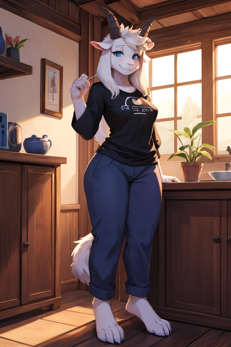 woman, alone, in a house, furry, Goat, anthropomorphic goat, Asriel, Undertale, medium breasts, big ass, medium wide hips, perfect body, tall, long hair, blue eyes, anthro face, cartoon, smile, blue coat, black t-shirt, brown pants, a short tail, goat's tail, looking at the viewer, bare feet, anthro feet, wide feet, detailed, best quality, Best detail, details and quality.