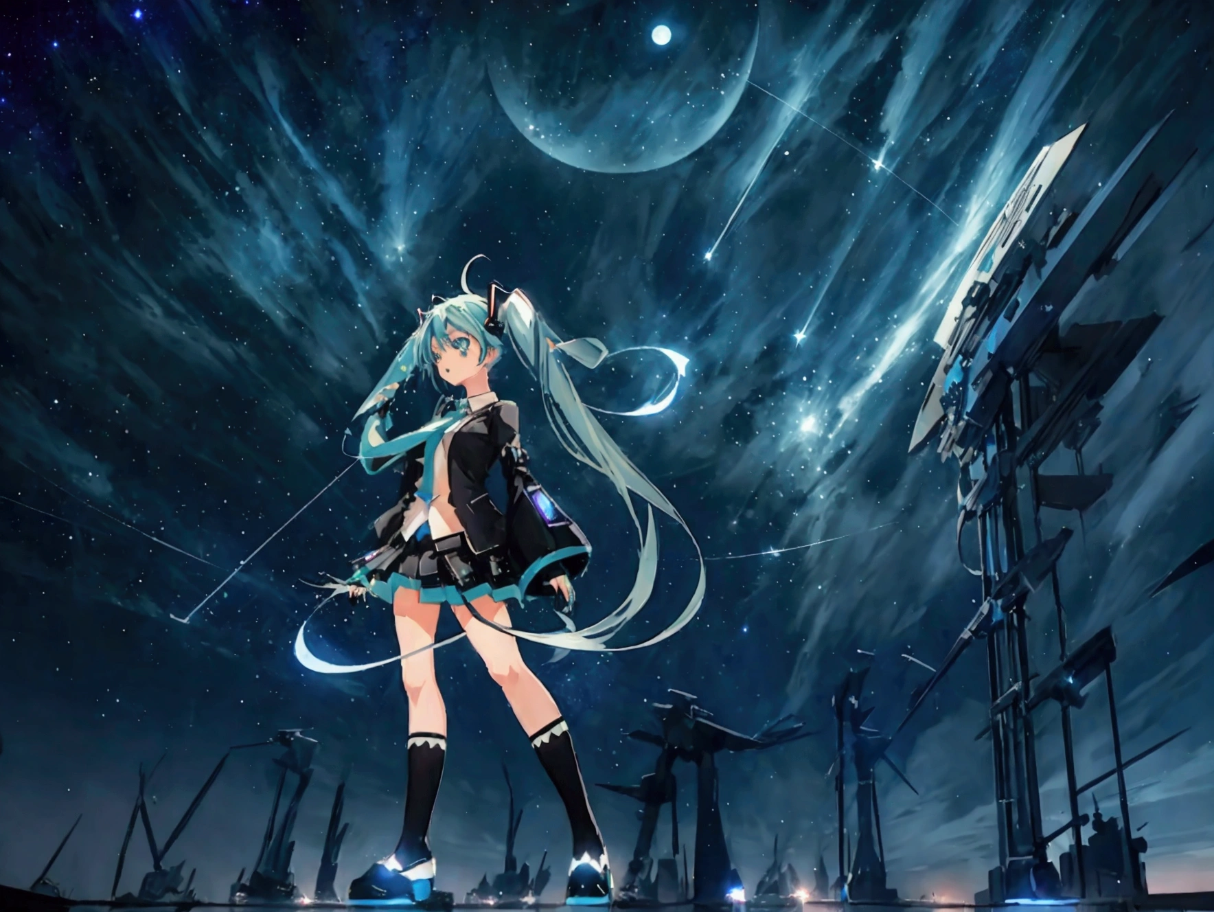 (Hatsune Miku,Light blue hair,Twin tails,No sleeve,tie,mini skirt,socks,Black hoodie),((Blue is the predominant color,Angle from below,Stars in the night sky,Crescent Moon)),(Shining futuristic city at night,Night view,Cyber World),(Dynamic pose,Cool pose,Standing on a glass stage,Cool look,singing,Holding a microphone)