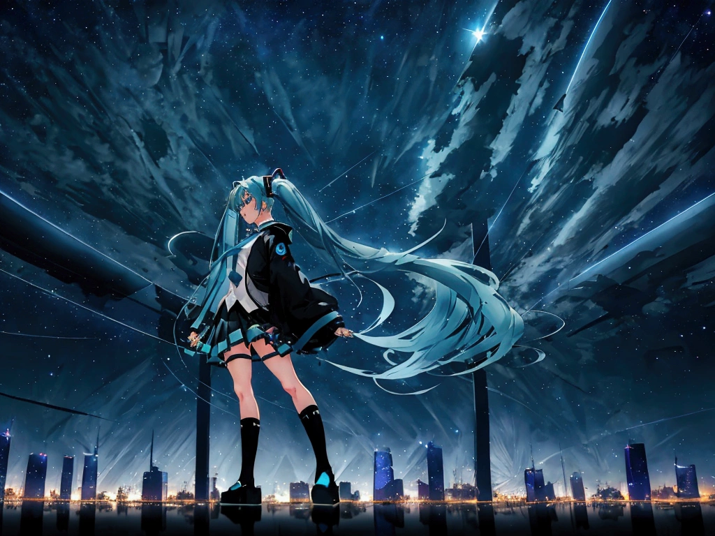 (Hatsune Miku,Light blue hair,Twin tails,No sleeve,tie,mini skirt,socks,Black hoodie),((Blue is the predominant color,Angle from below,Stars in the night sky,Crescent Moon)),(Shining futuristic city at night,Night view,Cyber World),(Dynamic pose,Cool pose,Standing on a glass stage,Cool look,singing,Holding a microphone)
