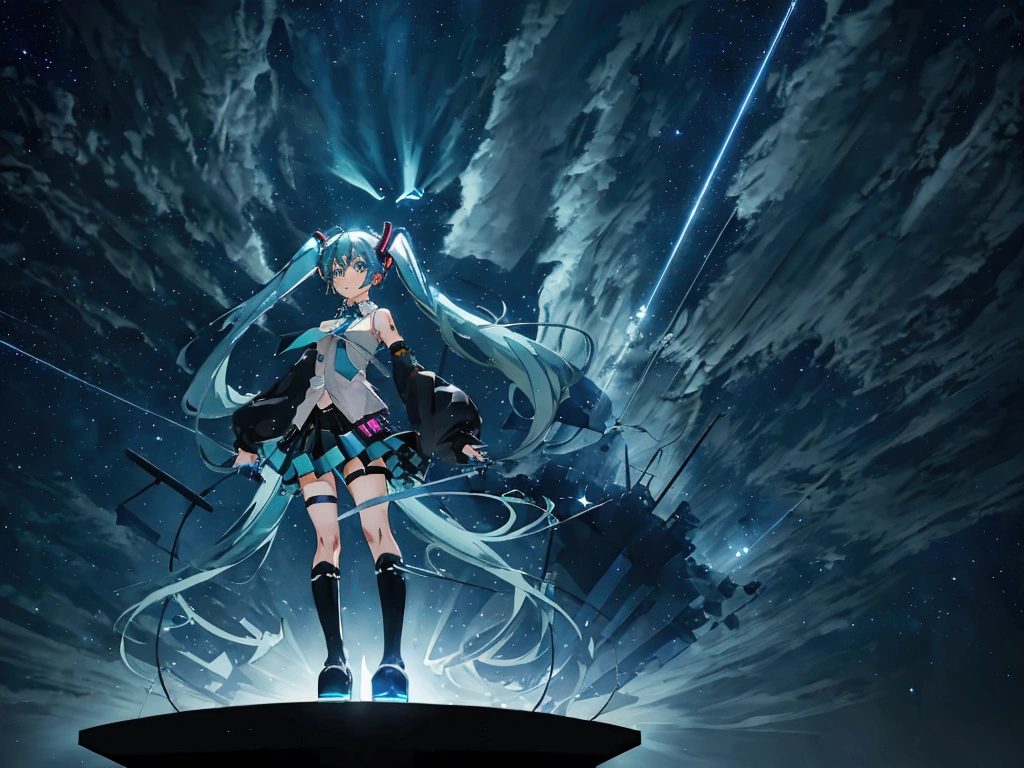 (Hatsune Miku,Light blue hair,Twin tails,No sleeve,tie,mini skirt,socks,Black hoodie),((Blue is the predominant color,Angle from below,Stars in the night sky,Crescent Moon)),(Shining futuristic city at night,Night view,Cyber World),(Dynamic pose,Cool pose,Standing on a glass stage,Cool look,singing,Holding a microphone)