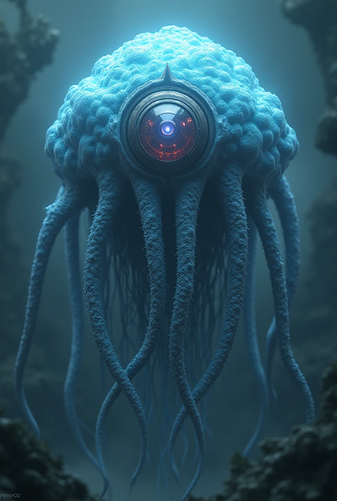 A vast organic creature with a body resembling a massive interdimensional jellyfish. With a large, amorphous central trunk, its tentacles extend in all directions, each covered in a thick layer of bioluminescent cells that emit a pulsating glow. In the center of your body, a giant multifaceted eye serves as the core of its perception, constantly rotating and observing everything around it with frightening precision. Its skin is a combination of gelatinous and prickly textures, able to adjust and change as needed.