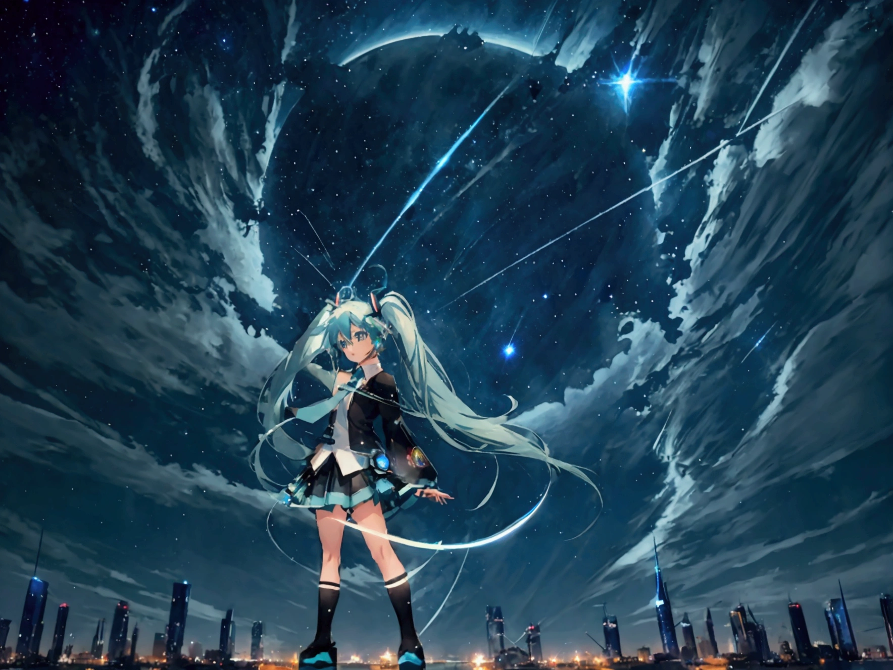 (Hatsune Miku,Light blue hair,Twin tails,No sleeve,tie,mini skirt,socks,Black hoodie),((Blue is the predominant color,Angle from below,Stars in the night sky,Crescent Moon)),(Shining futuristic city at night,Night view,Cyber World),(Dynamic pose,Cool pose,Standing on a glass stage,Cool look,singing,Holding a microphone)