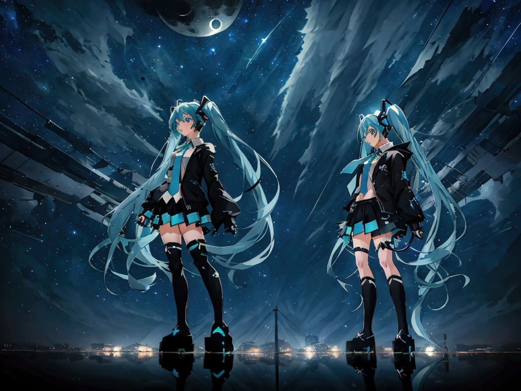 (Hatsune Miku,Light blue hair,Twin tails,No sleeve,tie,mini skirt,socks,Black hoodie),((Blue is the predominant color,Angle from below,Stars in the night sky,Crescent Moon)),(Shining futuristic city at night,Night view,Cyber World),(Dynamic pose,Cool pose,Standing on a glass stage,Cool look,singing,Holding a microphone)
