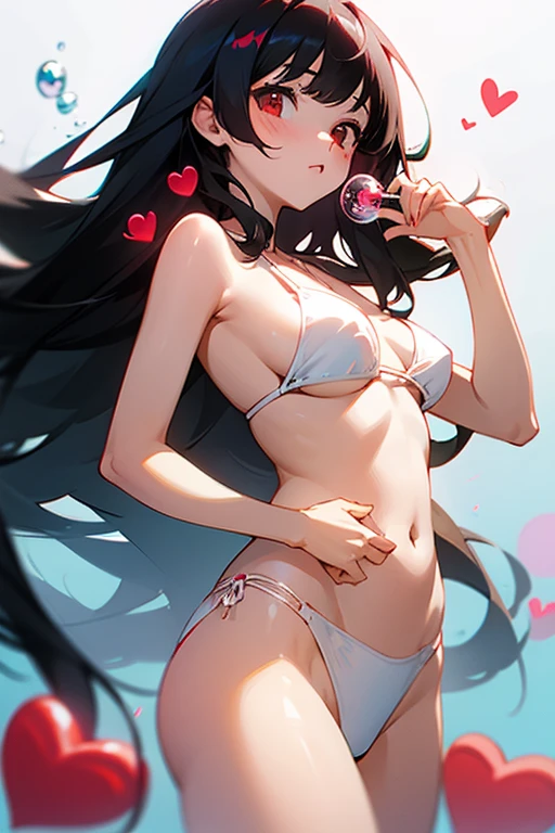 Girl wearing white bikini with red hearts, long black hair,soap bubbles around