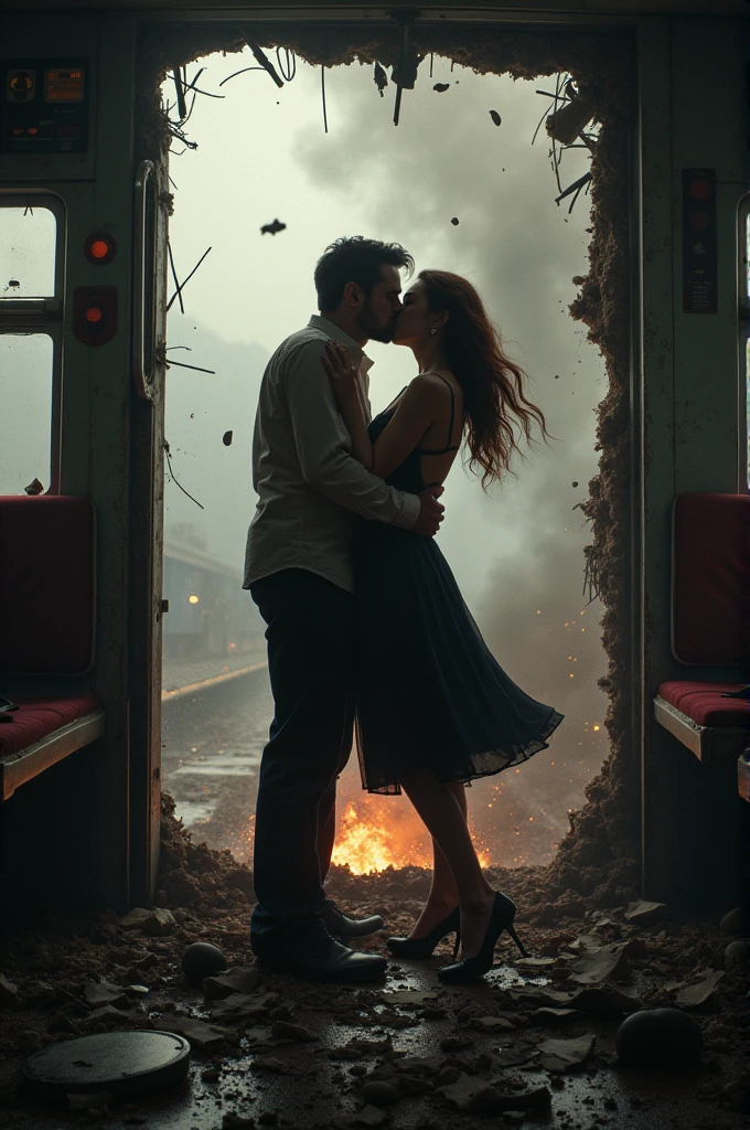 A train being destroyed from the inside and a couple saying goodbye by kissing inside it