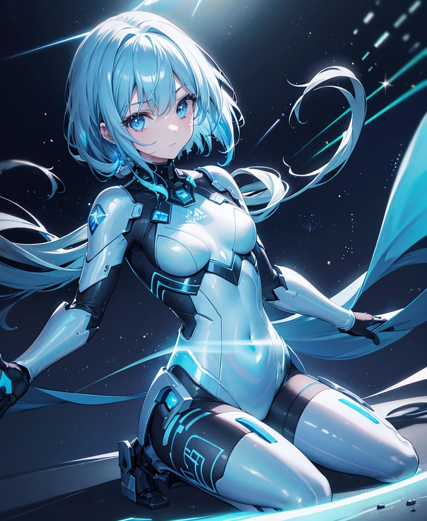 ((Holographic glow effect)),8k, Highest quality, (real:1.4), Original photo, 1 person, Asari Hair, Biological Amplifier, refined armor, posture: Peace talks between warring factions, smart blue eyes,whole body