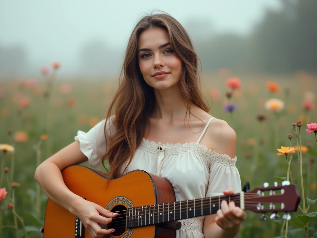 fot, taken from a distance that shows the entire body, She is very young, plein-air, in a flower garden, sexy short dress, medium hips, Caucasian skin, sad for a lost love, long brown hair, a softened wry smile - contained excitement, Soft lighting on your face, realistic skin-clothes-hair textures, sky blue eyes carpeted mist, beautiful real textures and delicate aesthetics, full body view, playing guitar, notable for natural feminine beauty, noise, 8 k quality, FOTO RAW, by professional photographer, rule of thirds, Extremely Detailed