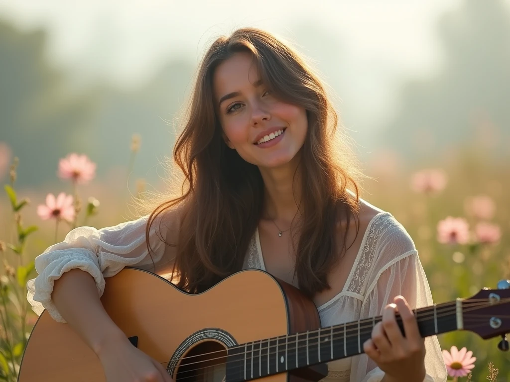 fot, taken from a distance that shows the entire body, She is very young, plein-air, in a flower garden, sexy short dress, medium hips, Caucasian skin, sad for a lost love, long brown hair, a softened wry smile - contained excitement, Soft lighting on your face, realistic skin-clothes-hair textures, sky blue eyes carpeted mist, beautiful real textures and delicate aesthetics, full body view, playing guitar, notable for natural feminine beauty, noise, 8 k quality, FOTO RAW, by professional photographer, rule of thirds, Extremely Detailed
